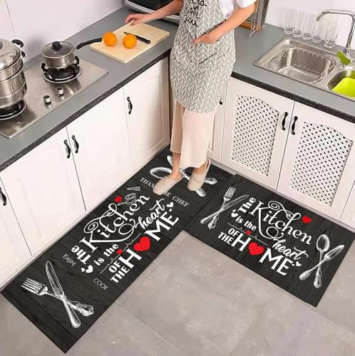 2-Piece Farmhouse Kitchen Rug Set, Black and White Rustic Floor Mats