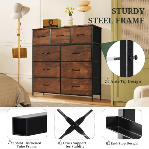 9-Drawer Fabric Dresser Chest of Drawers with Wood Top & Metal Frame