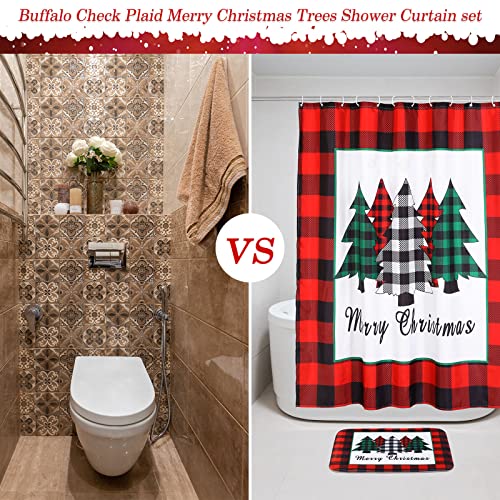 Irenare 5-Piece Red Buffalo Plaid Christmas Shower Curtain Set with Rugs