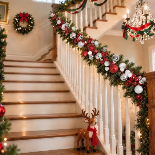 RECUTMS 2 Pack 6ft Silver Red White Christmas Garland Ornaments - Shatterproof Decor