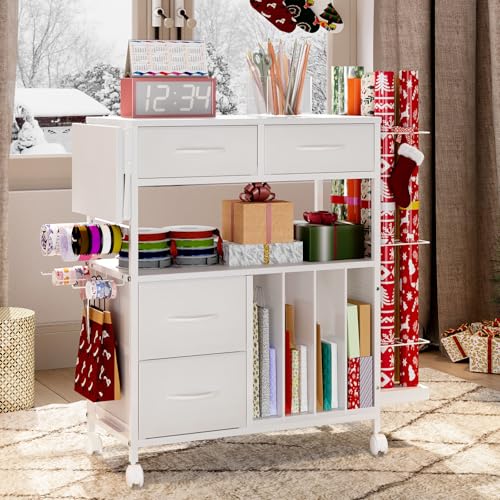 Rolling Wrapping Paper Storage Cart with Foldable Table and Drawers