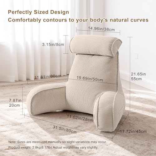 Reading Pillow with Arms for Bed, Corduroy Backrest & Washable Cover