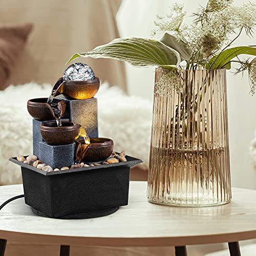 4-Tier Indoor Tabletop Water Fountain with LED Lights & River Rocks