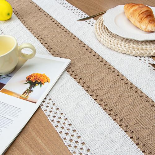 FEXIA Cream & Brown 12x72 Boho Table Runner – Fall Farmhouse Woven
