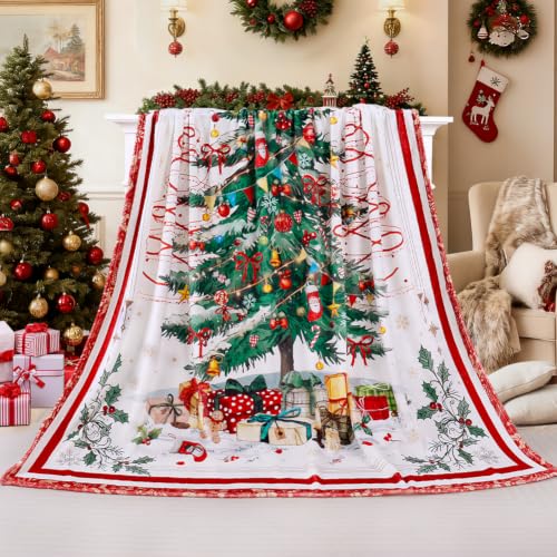 Green Xmas Tree Throw Blanket 60x80 in | Yersion Soft Flannel Fleece Christmas