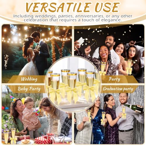 Zopeal 200 Pcs Gold Champagne Flute & Bow Set Gold Rim - Shatterproof Plastic Glasses