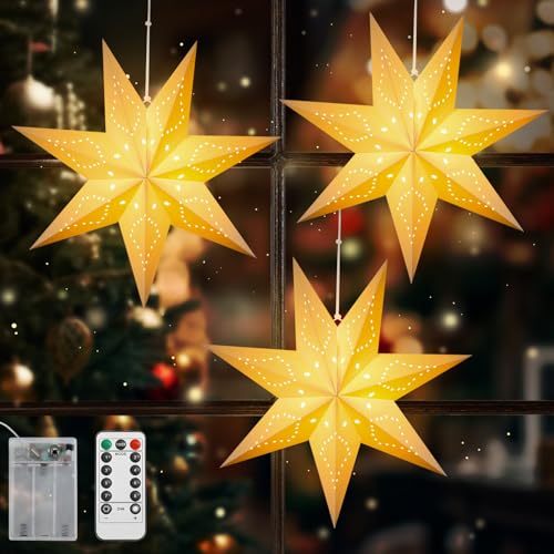 Lewondr 7-Pointed Star Christmas Paper Lantern 3 Pack with C-Warm Light
