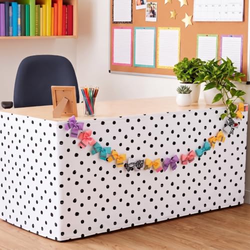 Polka Dot Desk Skirt Set with Rainbow Bow Garland, 6ft Classroom Table Decor