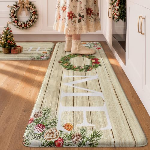 KIMODE Christmas Kitchen Mats Set 2pc Cushioned Anti-Fatigue 17.3" x 47" + 17.3" x 29"