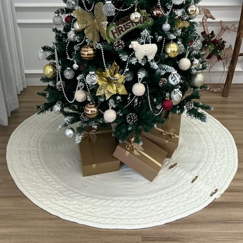 60-Inch Cream Cable Knit Christmas Tree Skirt with Wooden Toggles - Starry Dynamo