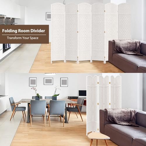 6-Panel Folding Room Divider, Freestanding Woven Privacy Screen, Off-White
