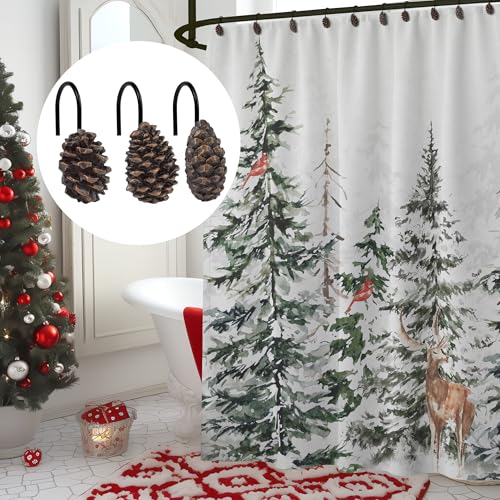 Sunlit Pinecone Family Shower Curtain Hooks Set of 12 with Black Hooks, Winter Christmas Decor