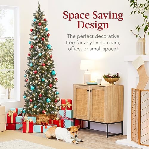 6ft Pre-Lit Slim Pencil Christmas Tree with 250 Lights & Pine Cones