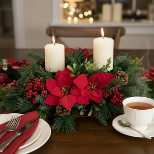 Kathfly 20" Poinsettia Centerpiece with 2 Candle Holders - Thick Red Poinsettia, Pine Cones & Berries (Variation: Thick / Poinsettia)