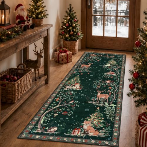 Christmas Runner Rug 2x6 ft Green Non Slip Woodland Holiday Decor