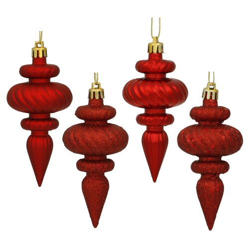Vickerman 4" Red 4-Finish Finial Ornament - Shatterproof Plastic Christmas Tree Decoration - 8 Per Pack - Featuring Shiny, Matte, Glitter and Sequin Finishes