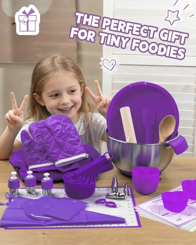 Kids Baking Set with Real Cooking Utensils and Measuring Tools Purple