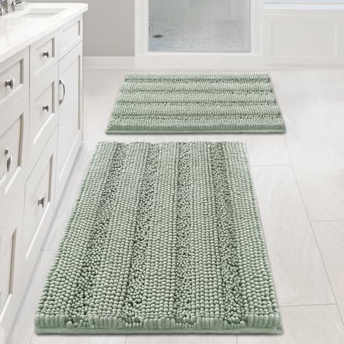 H.VERSAILTEX Sage Chenille Bath Mat Set of 2 Non-Skid Shaggy Rugs