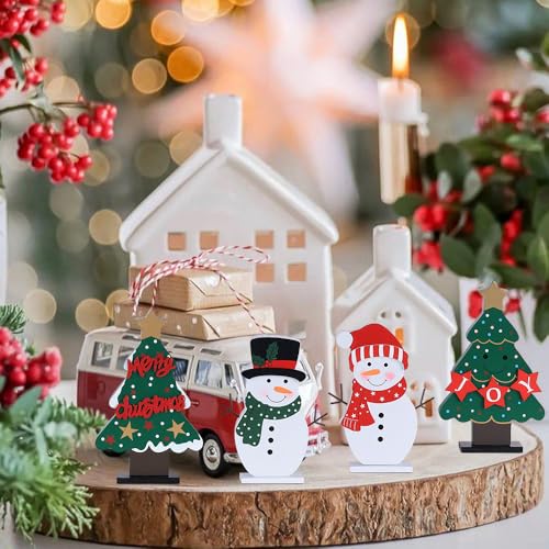 DECSPAS Wooden Christmas Trees & Snowmen Set - Indoor Holiday Decor, 4 pcs, Christmas Table Centerpiece