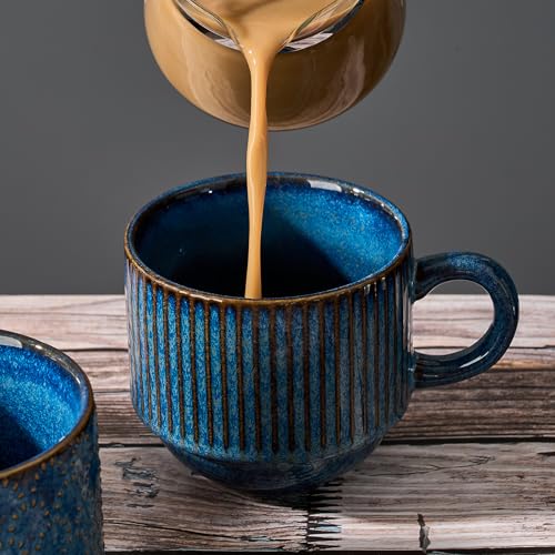 JH JIEMEI HOME Blue 15oz Ceramic Coffee Mug Set of 4 with Stand - Embossed, Stackable, Microwave & Dishwasher Safe