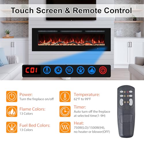 48-Inch Electric Fireplace Insert, Recessed & Wall-Mounted Heater