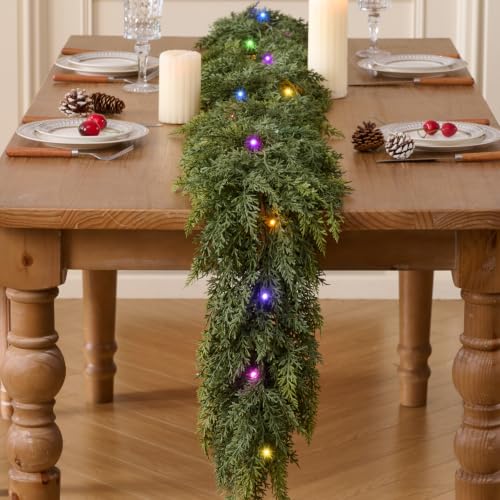KIWDY 5FT Lit Cedar Garland with Lights - Realistic Faux Pine Deco for Mantle, Indoor/Outdoor