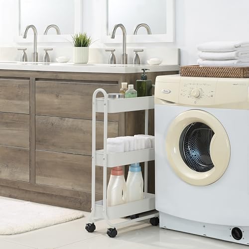 Slim 3-Tier Rolling Storage Cart - Narrow Steel Utility Organizer, White
