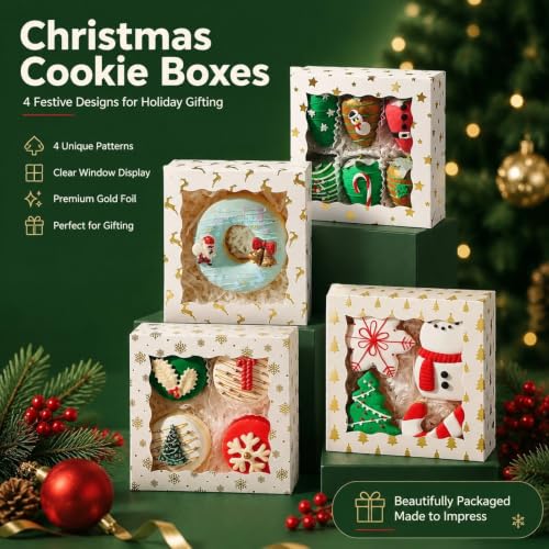 White 5x5x2 Inch Christmas Cookie Gift Boxes with Window, 48 Pack