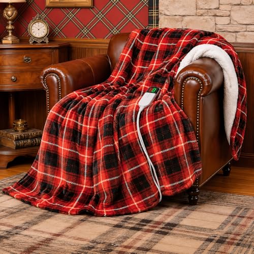Electric Heated Blanket, Red Sherpa Plaid Throw, 8 Heat Levels