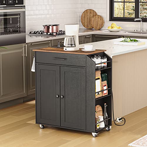 Kitchen Island with Power Outlet, Rolling Storage Cart with Spice Rack