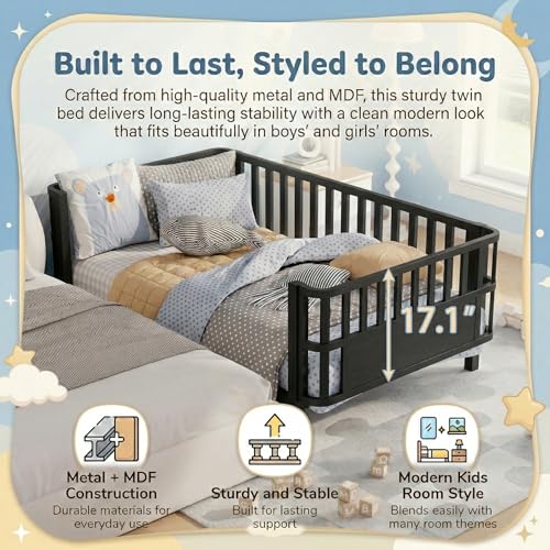 Twin Kids Bed Frame with Removable Safety Rails, Low Profile Montessori Bed
