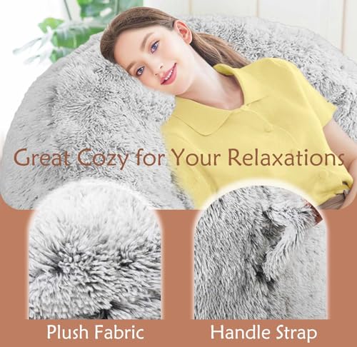 Plush Faux Fur Memory Foam Bean Bag Chair - Grey Soft Sofa for Lounge