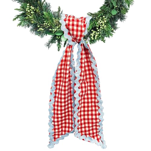 Red and White Buffalo Plaid Wreath Sash for Front Door Decor (5x54 In)