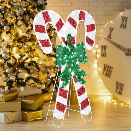 Wonder Solar 1.6FT x 2.5FT Lighted Christmas Candy Cane Decoration with Green Bow