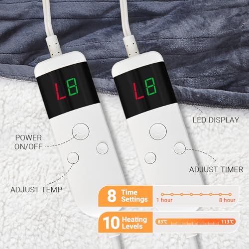 Queen Size Electric Heated Blanket - Soft Flannel & Sherpa, 10 Heat Levels, Auto Shut-Off