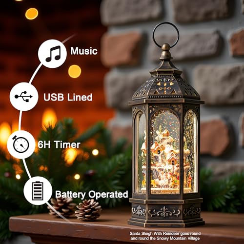 Qualdout Animated Christmas Village with Moving Figurines Lighted Water Lantern, USB & Battery Operated Snow Globe - Holiday Decor & Gifts