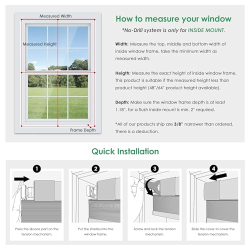 No Drill Cordless Cellular Shades, 22" W x 36" H White Blackout Honeycomb Blinds
