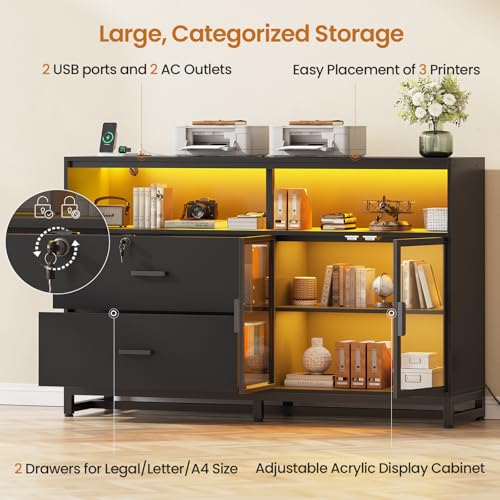 59-Inch Lateral Filing Cabinet with Lockable Drawers, Printer Stand & LED
