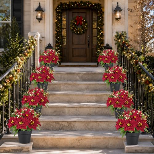 Red Artificial Poinsettia Plants in Pot, 15-Inch Fake Christmas Flowers, 2 Pack