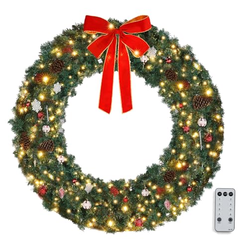 48-Inch Pre-Lit Artificial Christmas Wreath with 150 LED Lights & Ornaments