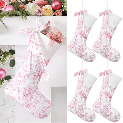 Pink Christmas Stockings Set 4 Pcs 18in Coquette Floral Hanging Decorative Stockings