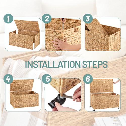 Rolling Woven Water Hyacinth Storage Trunk with Lid, 36-Inch Large Basket