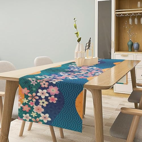 KANEPE Japanese Cherry Blossoms Table Runner 13x90in Cherry-Blue Seasonal Spring Decor