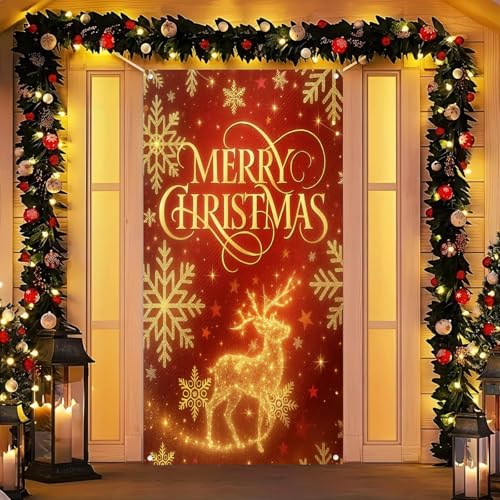 Golden Reindeer Christmas Door Cover 71x35 Inch Winter Holiday Banner for Front Porch, Indoor & Outdoor Decor