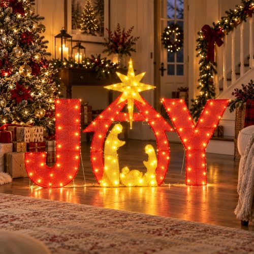 DULEFUN 6Ft x 4Ft Outdoor Christmas Nativity Yard Sign with Joy and Lighted Decor - Style C