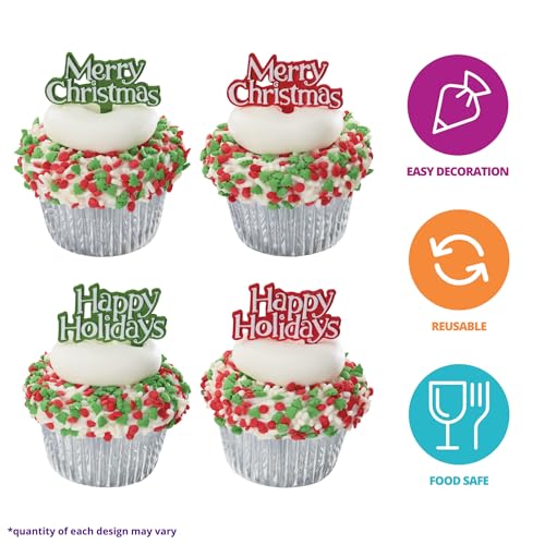 Holiday Tidings Christmas Cupcake Toppers - 24 Festive Food Safe Decorations