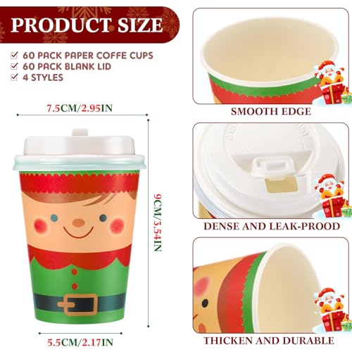 Peryiter 60 Pcs 9 oz Christmas Paper Coffee Cups with Lids Disposable