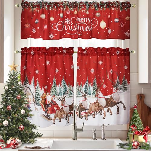 WeFrea Red Christmas 3-Piece Kitchen Curtain Set 27.5"W x 36"L Snowflake Trees Valance 54"W x 18"