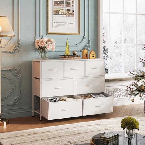 7-Drawer Fabric Dresser & TV Stand for Bedroom & Living Room - White