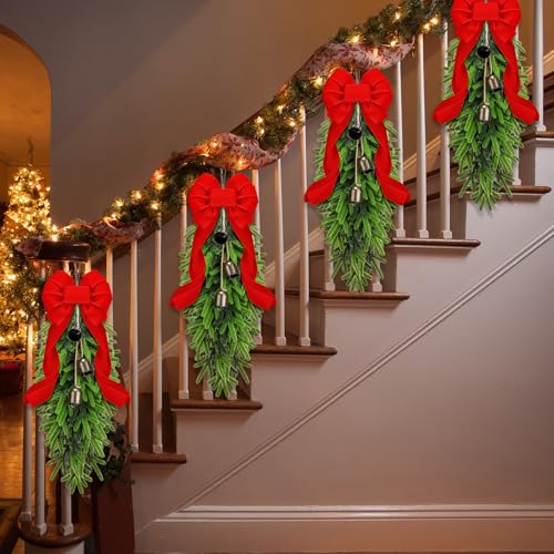 23.6-Inch Christmas Teardrop Swag Wreath with Bells and Red Ribbon